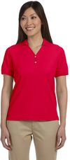Am image of a Custom Devon & Jones Ladies' Pima Pique Short Sleeve Y Collar Polo in Red!