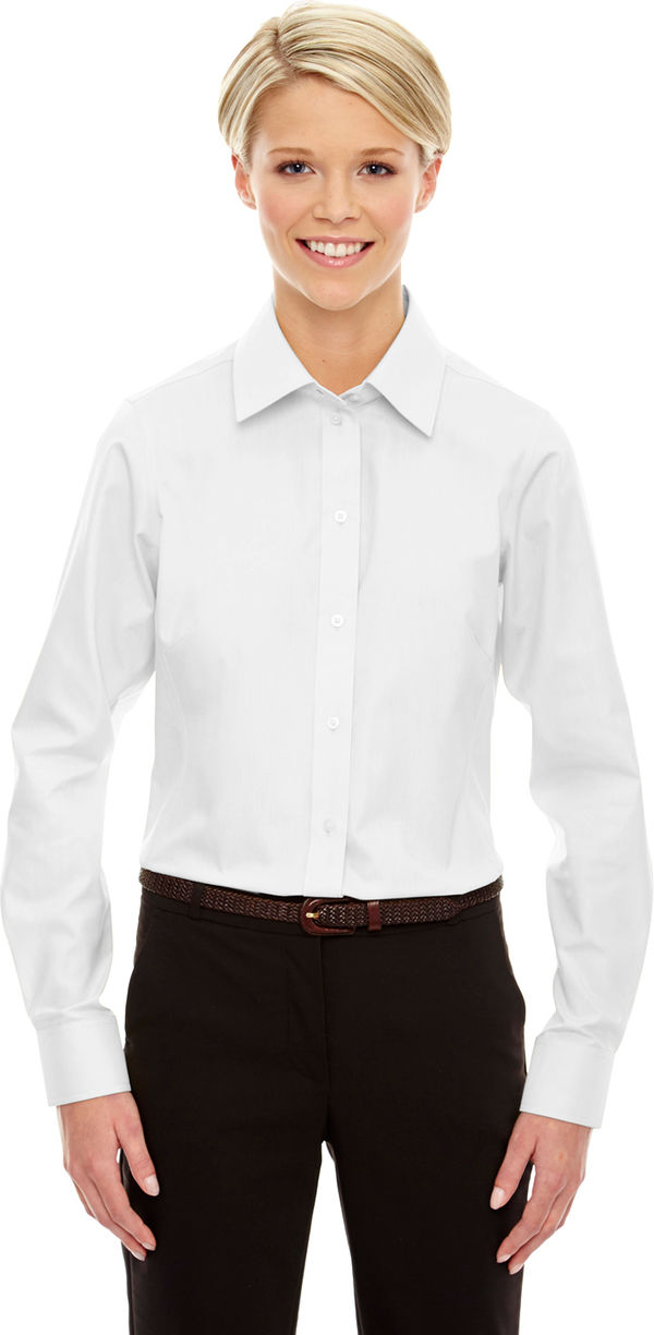 Am image of a Custom Devon & Jones Ladies' Crown Woven Collection Solid Oxford in White!