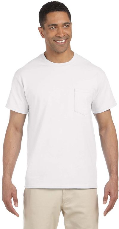 Am image of a Custom Gildan Ultra Cotton Pocket T Shirt in White!