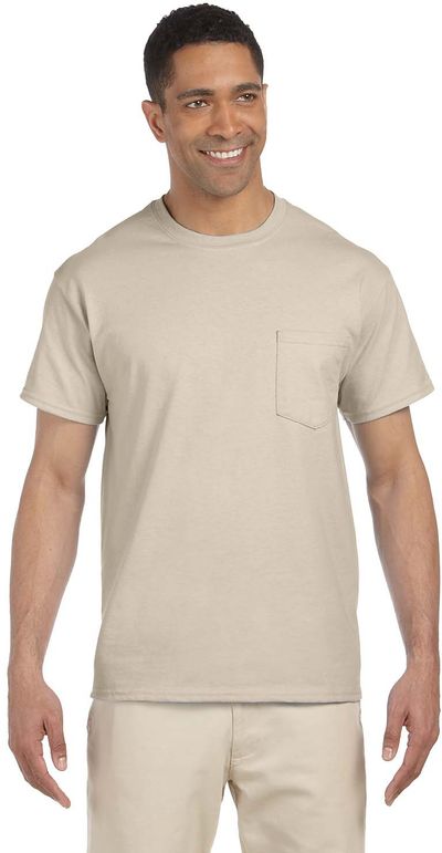 Am image of a Custom Gildan Ultra Cotton Pocket T Shirt in Sand!