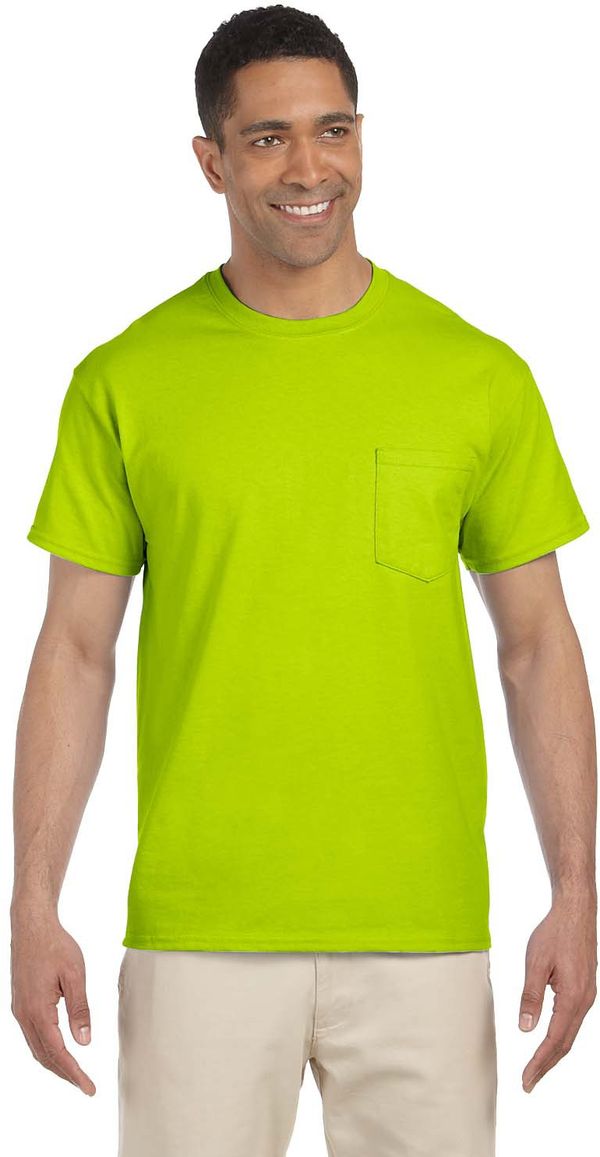 Am image of a Custom Gildan Ultra Cotton Pocket T Shirt in Safety Green!