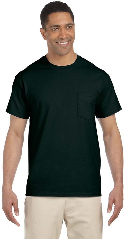 Am image of a Custom Gildan Ultra Cotton Pocket T Shirt in Forest Green!