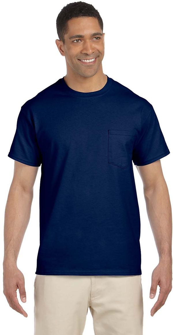 Am image of a Custom Gildan Ultra Cotton Pocket T Shirt in Navy!