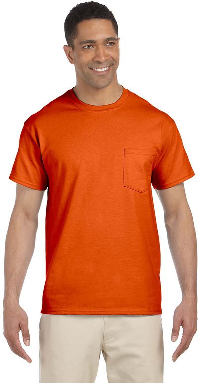 Am image of a Custom Gildan Ultra Cotton Pocket T Shirt in Orange!