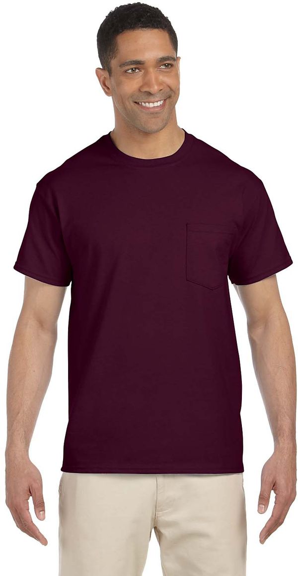 Am image of a Custom Gildan Ultra Cotton Pocket T Shirt in Maroon!