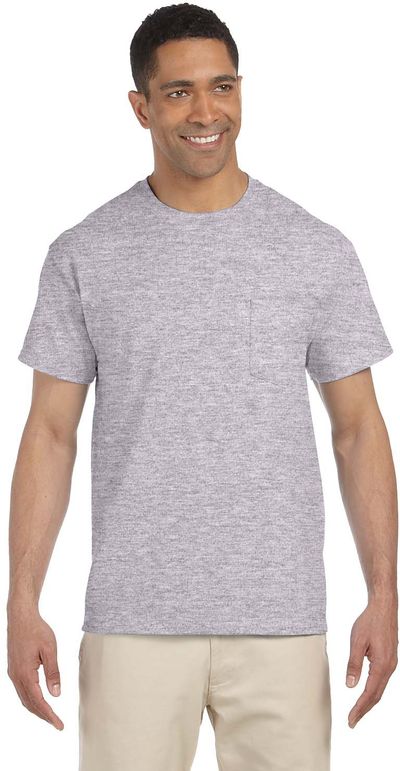 Am image of a Custom Gildan Ultra Cotton Pocket T Shirt in Sport Grey!