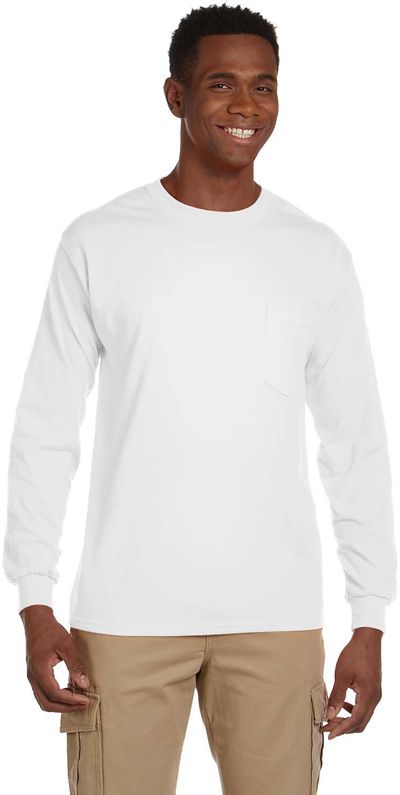 Am image of a Custom Gildan Ultra Cotton Long Sleeve Pocket T Shirt in White!