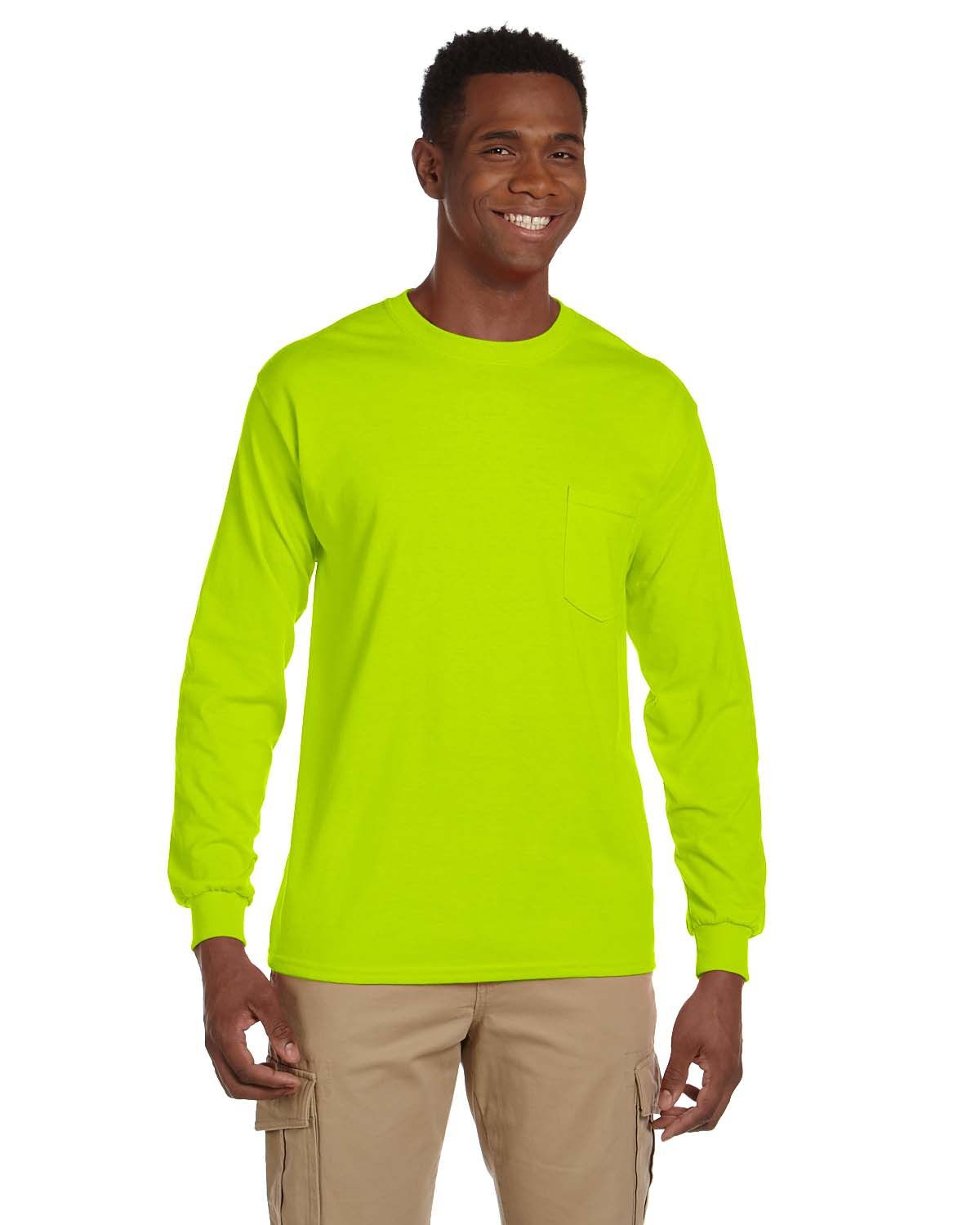 Gildan Ultra Cotton Long Sleeve Pocket T Shirt in Safety Green