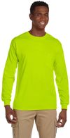 Am image of a Custom Gildan Ultra Cotton Long Sleeve Pocket T Shirt in Safety Green!