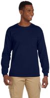 Am image of a Custom Gildan Ultra Cotton Long Sleeve Pocket T Shirt in Navy!