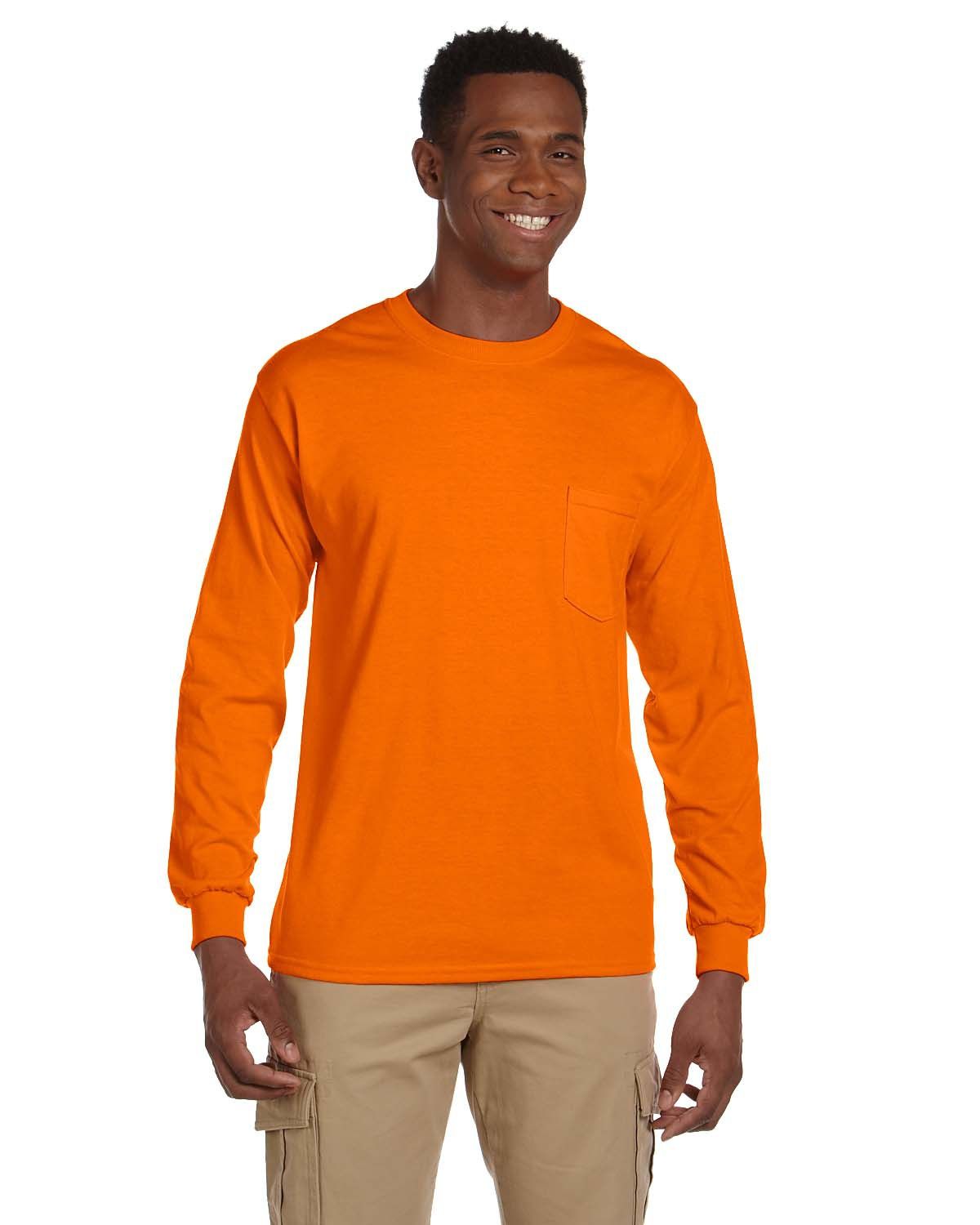 Gildan Ultra Cotton Long Sleeve Pocket T Shirt in Safety Orange
