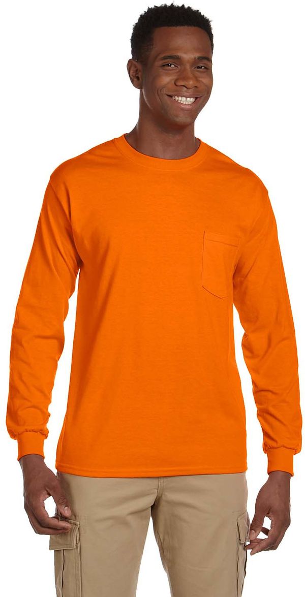 Am image of a Custom Gildan Ultra Cotton Long Sleeve Pocket T Shirt in Safety Orange!