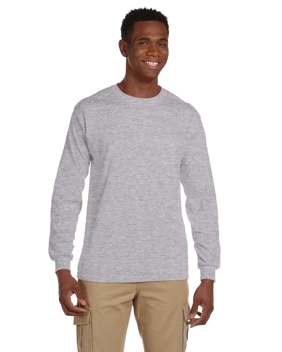 Gildan Ultra Cotton Long Sleeve Pocket T Shirt in Sport Grey