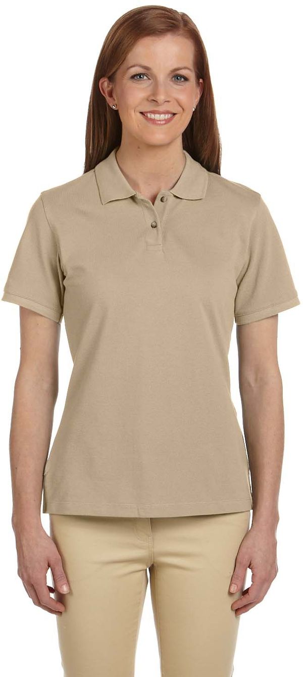 Am image of a Custom Harriton Ladies' Ringspun Cotton Pique Short Sleeve Polo in Stone!