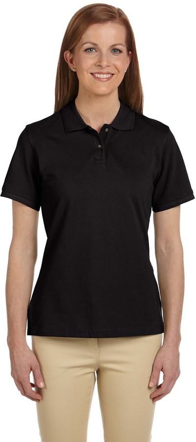 Am image of a Custom Harriton Ladies' Ringspun Cotton Pique Short Sleeve Polo in Black!
