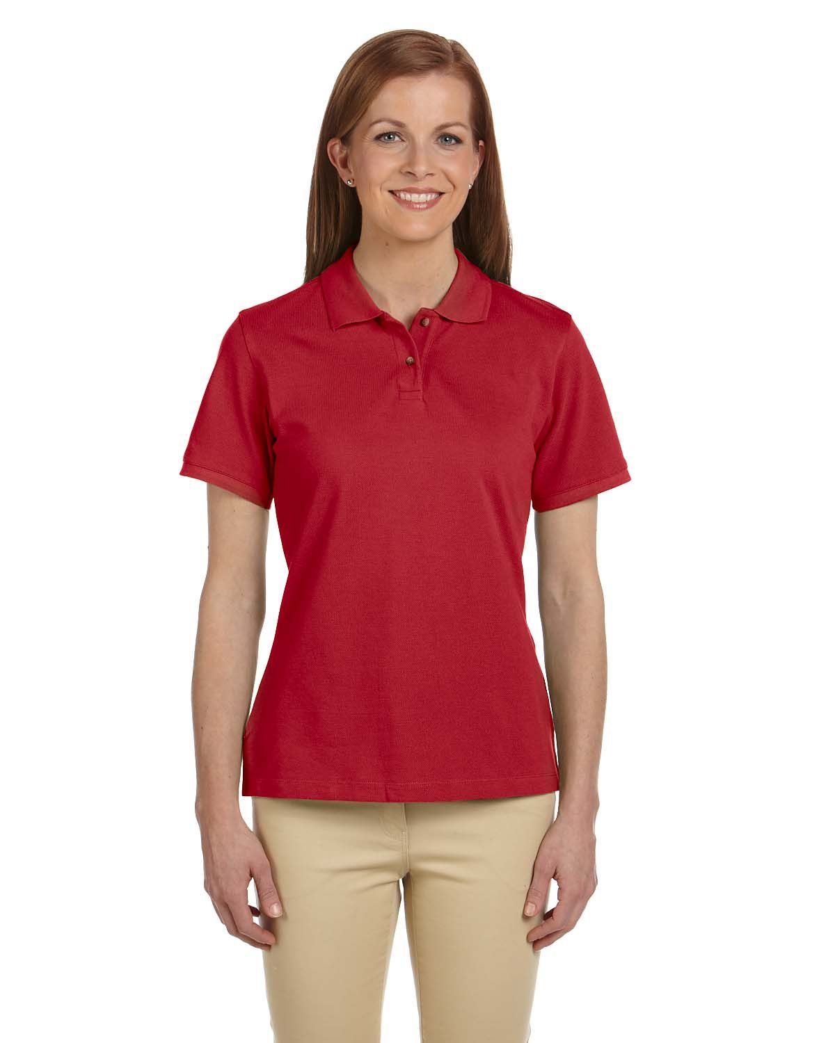 Harriton Ladies' Ringspun Cotton Pique Short Sleeve Polo in Red