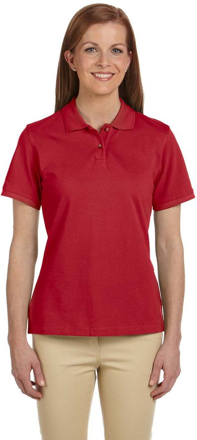 Am image of a Custom Harriton Ladies' Ringspun Cotton Pique Short Sleeve Polo in Red!