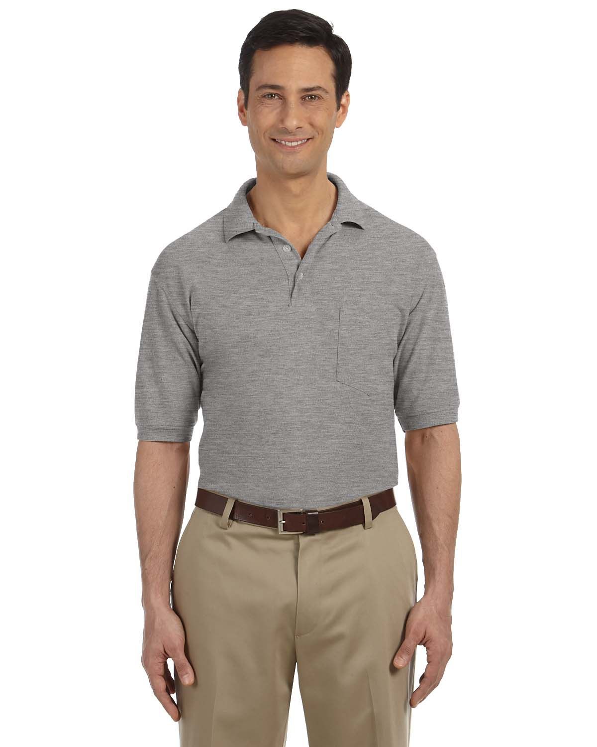 Harriton Men's Easy Blend Polo with Pocket in Grey Heather