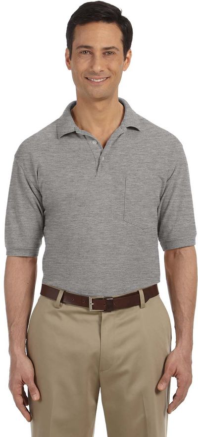 Am image of a Custom Harriton Men's Easy Blend Polo with Pocket in Grey Heather!