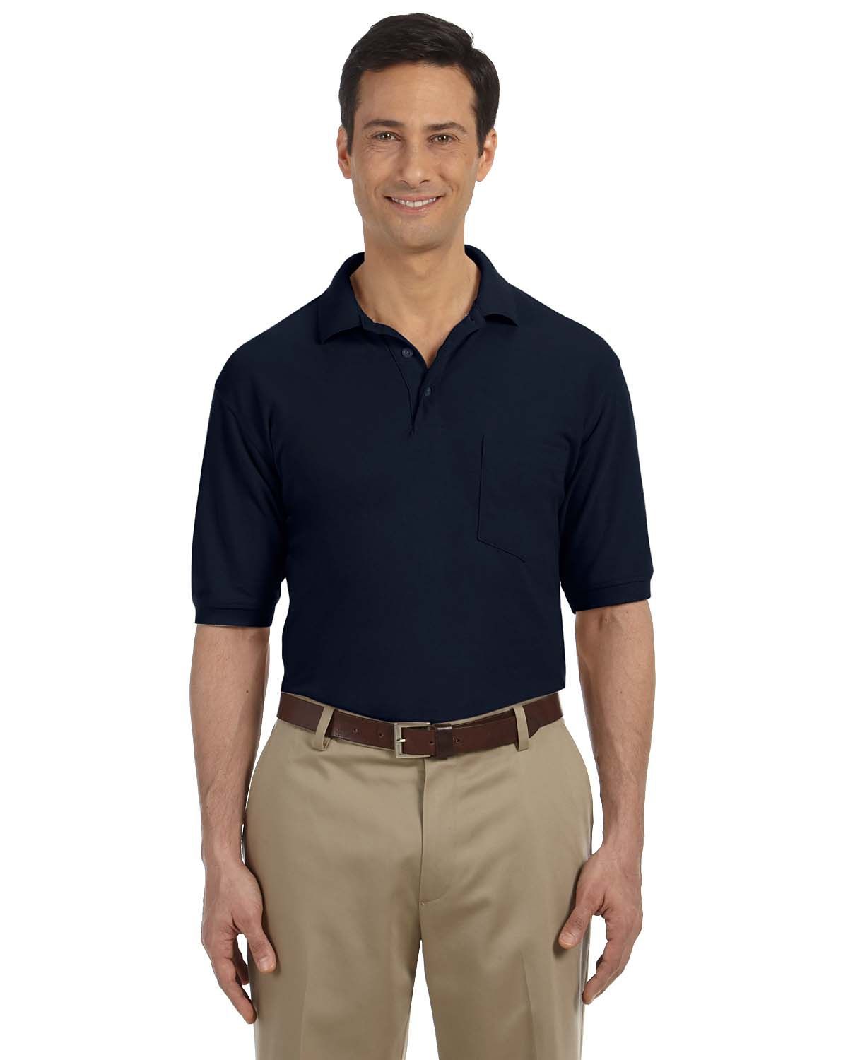 Harriton Men's Easy Blend Polo with Pocket in Navy