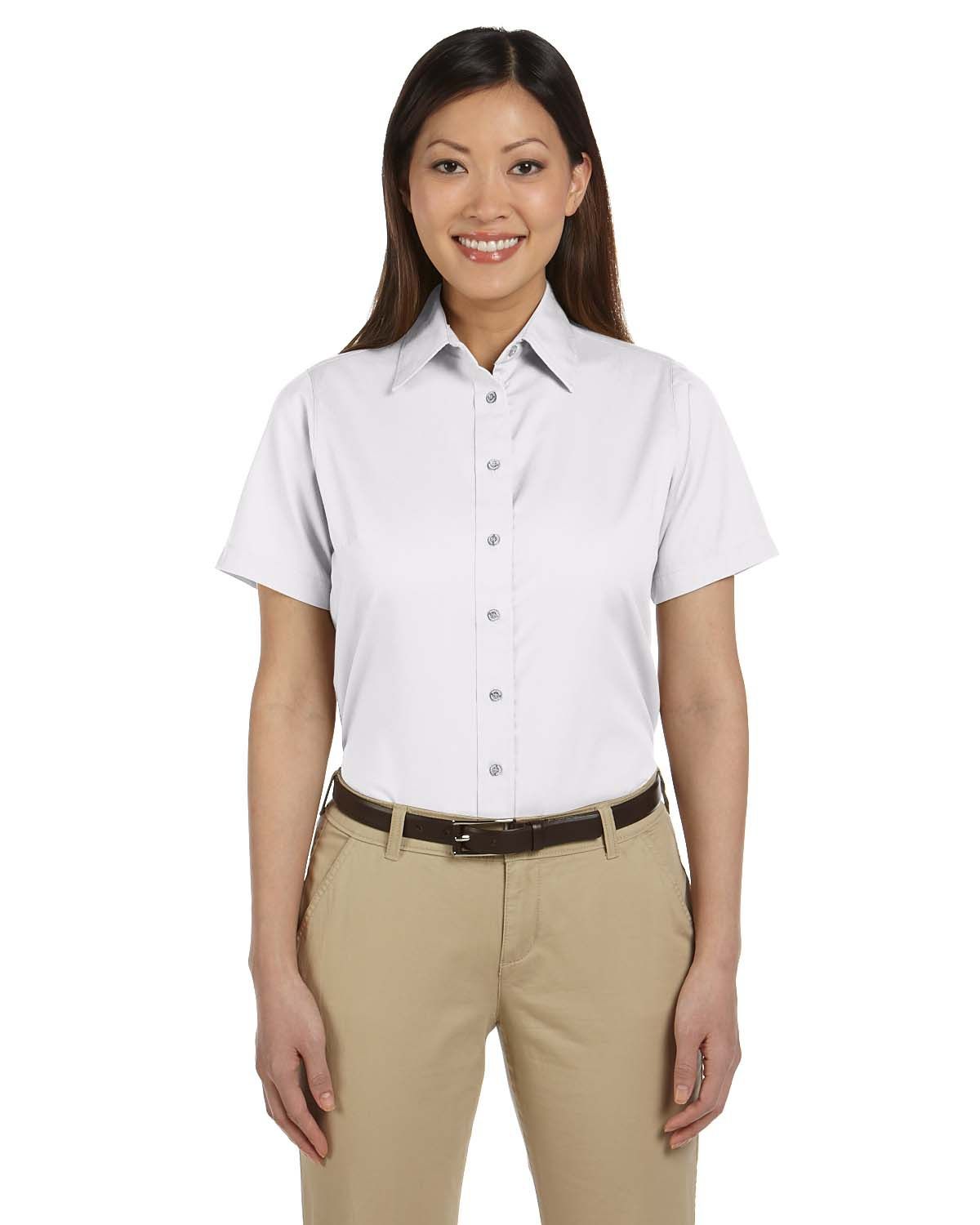 Harriton Ladies' Easy Blend Short Sleeve Twill Shirt with Stain Release in White