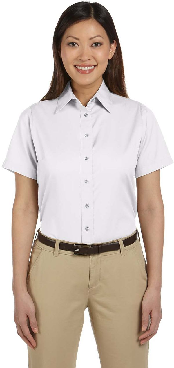 Am image of a Custom Harriton Ladies' Easy Blend Short Sleeve Twill Shirt with Stain Release in White!