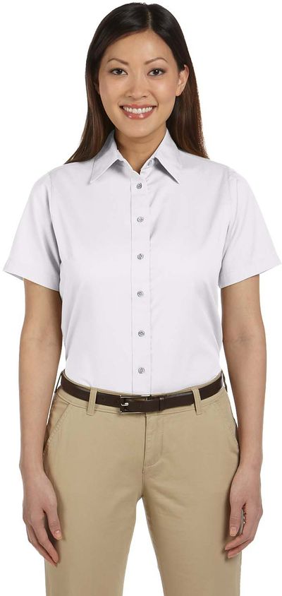 Am image of a Custom Harriton Ladies' Easy Blend Short Sleeve Twill Shirt with Stain Release in White!