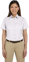 Am image of a Custom Harriton Ladies' Easy Blend Short Sleeve Twill Shirt with Stain Release in White!