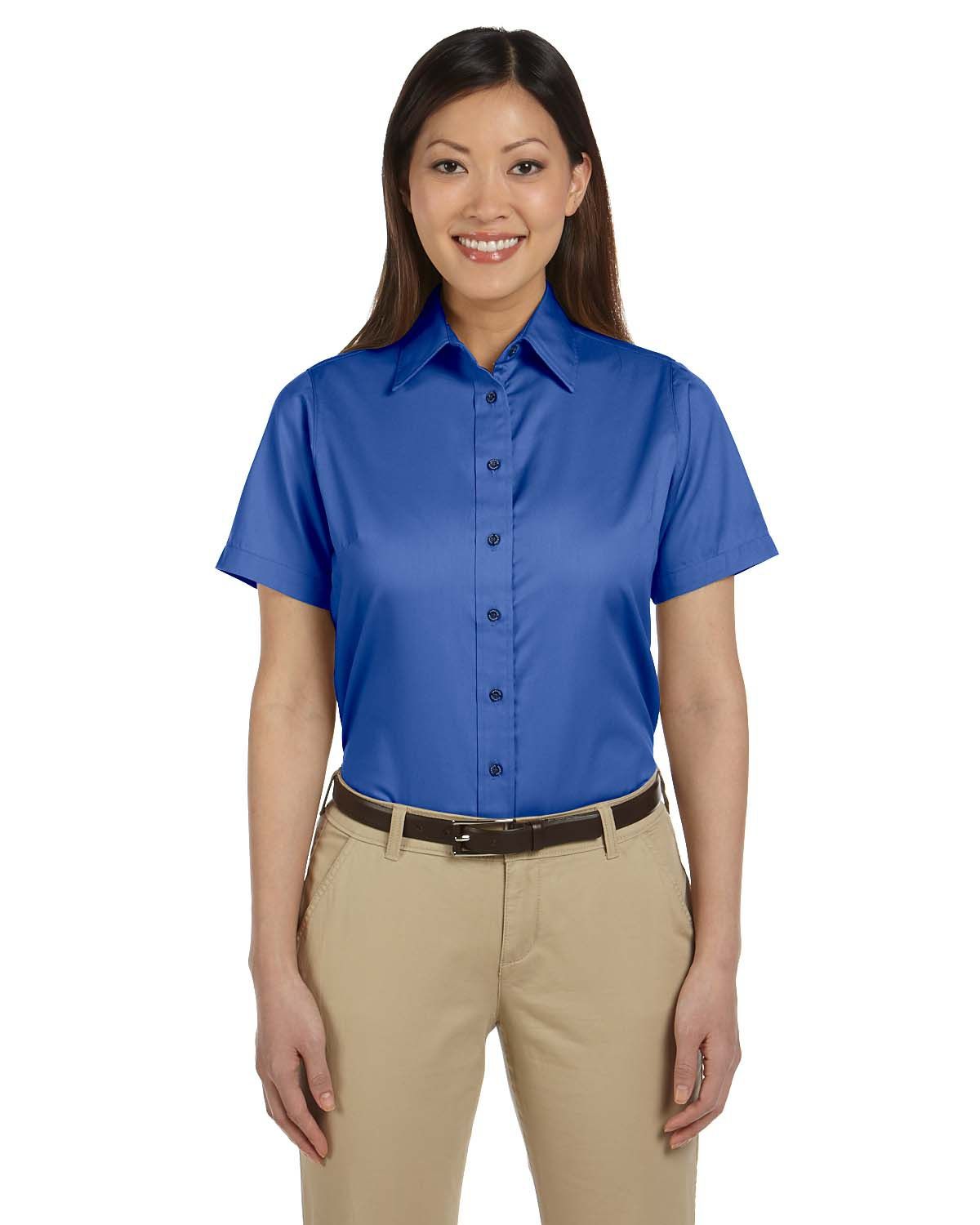 Harriton Ladies' Easy Blend Short Sleeve Twill Shirt with Stain Release in French Blue