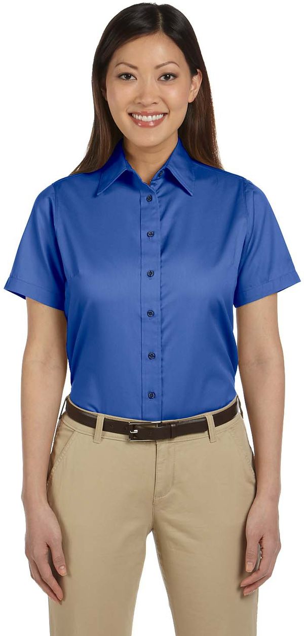 Am image of a Custom Harriton Ladies' Easy Blend Short Sleeve Twill Shirt with Stain Release in French Blue!