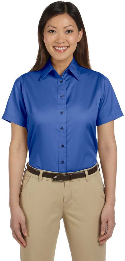 Am image of a Custom Harriton Ladies' Easy Blend Short Sleeve Twill Shirt with Stain Release in French Blue!