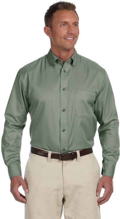 Am image of a Custom Harriton Men's Easy Blend Long Sleeve Twill Shirt with Stain Release in Dill!