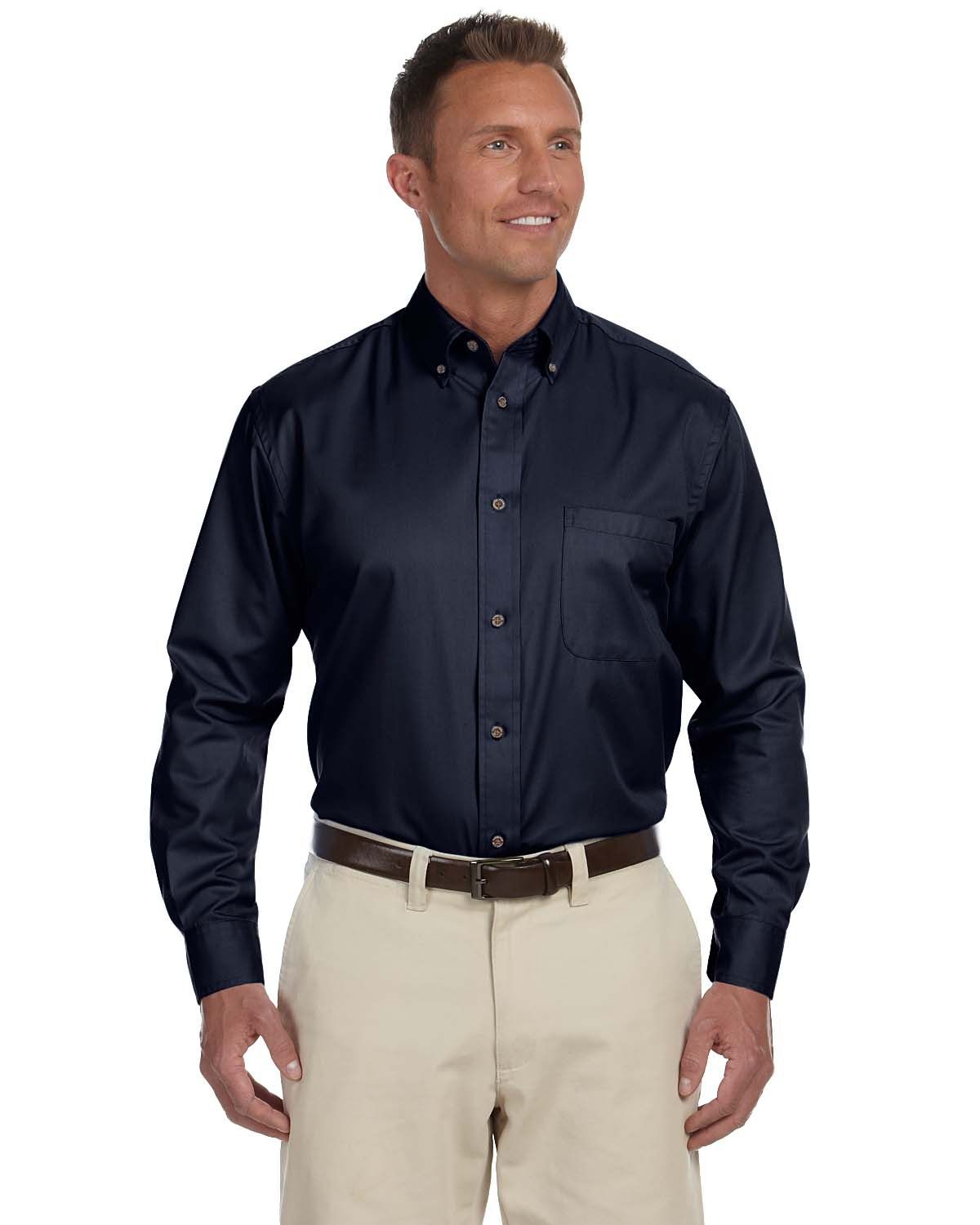 Harriton Men's Easy Blend Long Sleeve Twill Shirt with Stain Release in Navy