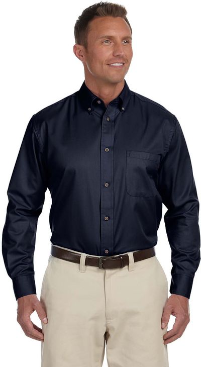 Am image of a Custom Harriton Men's Easy Blend Long Sleeve Twill Shirt with Stain Release in Navy!