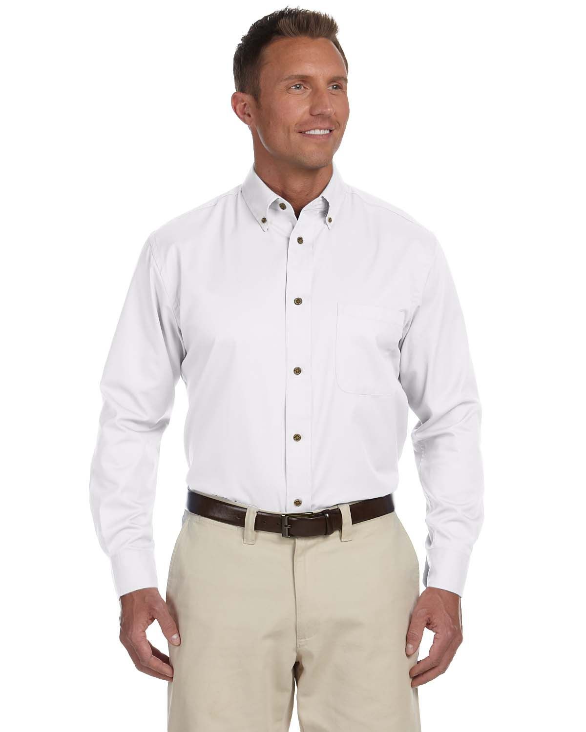 Harriton Men's Easy Blend Long Sleeve Twill Shirt with Stain Release in White