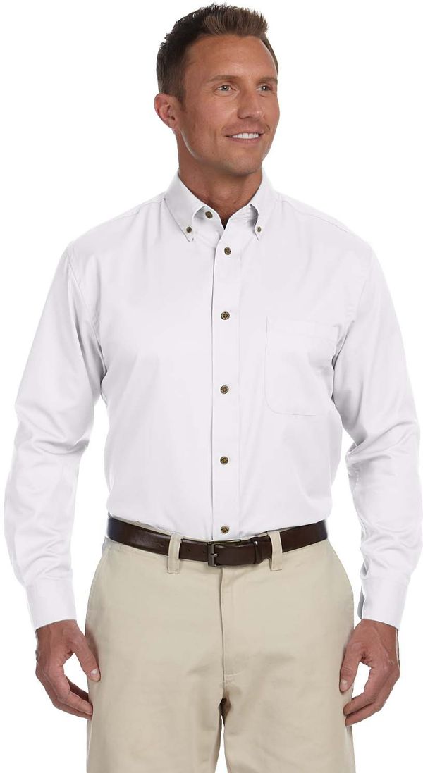 Am image of a Custom Harriton Men's Easy Blend Long Sleeve Twill Shirt with Stain Release in White!