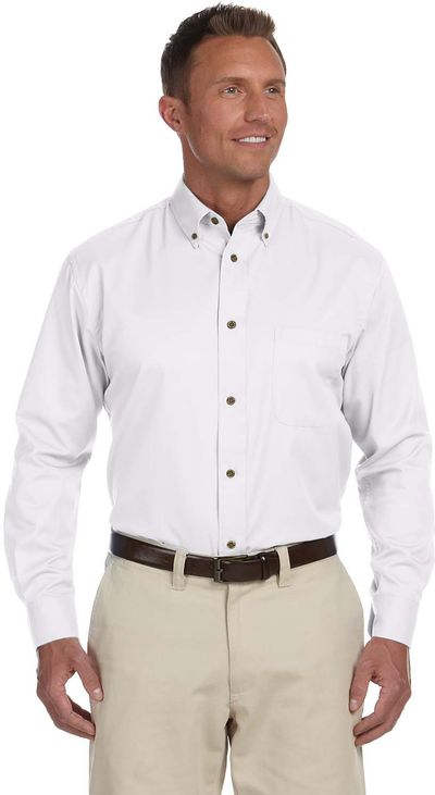 Am image of a Custom Harriton Men's Easy Blend Long Sleeve Twill Shirt with Stain Release in White!