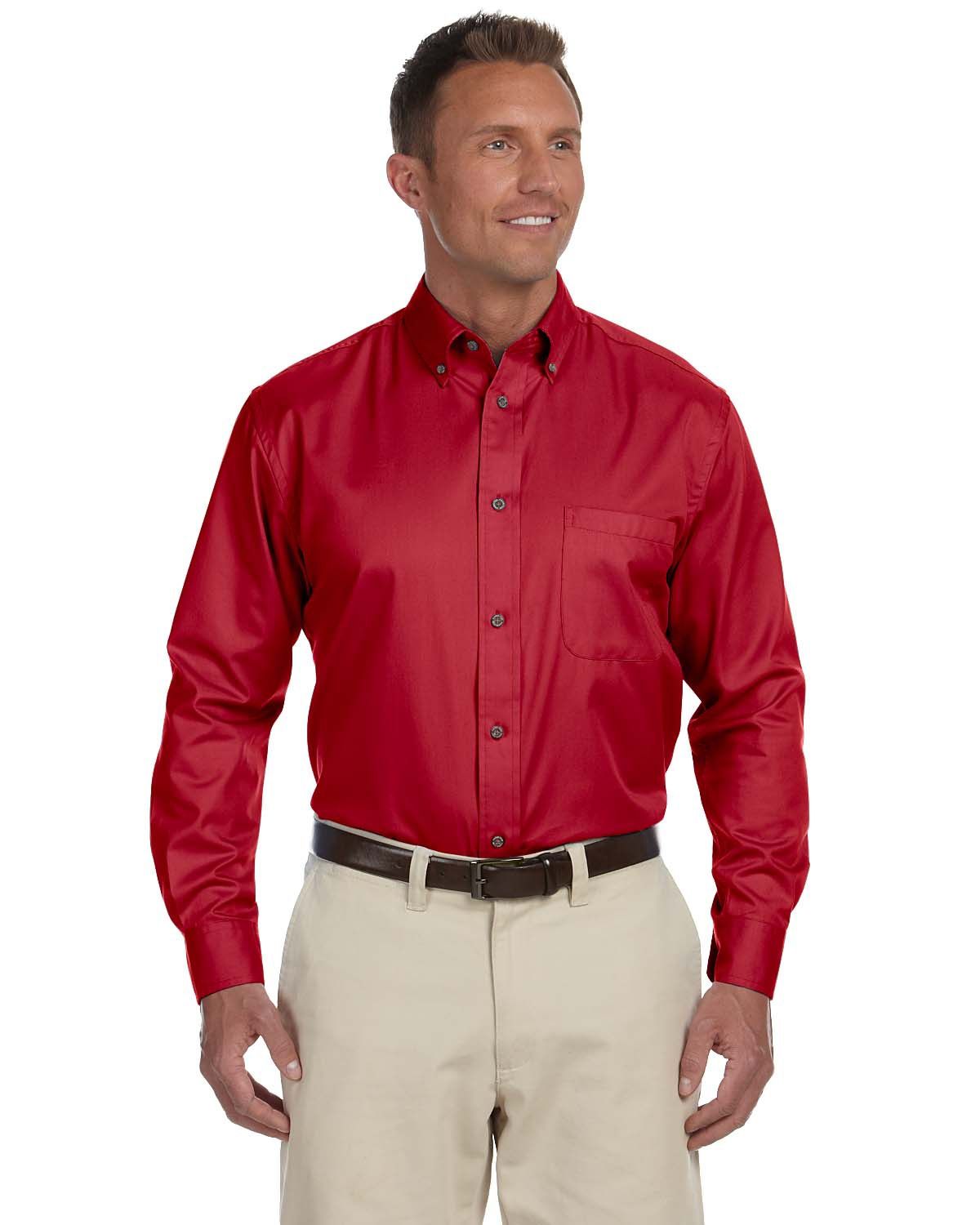 Harriton Men's Easy Blend Long Sleeve Twill Shirt with Stain Release in Red