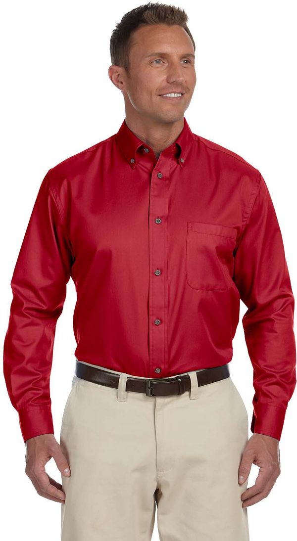 Am image of a Custom Harriton Men's Easy Blend Long Sleeve Twill Shirt with Stain Release in Red!