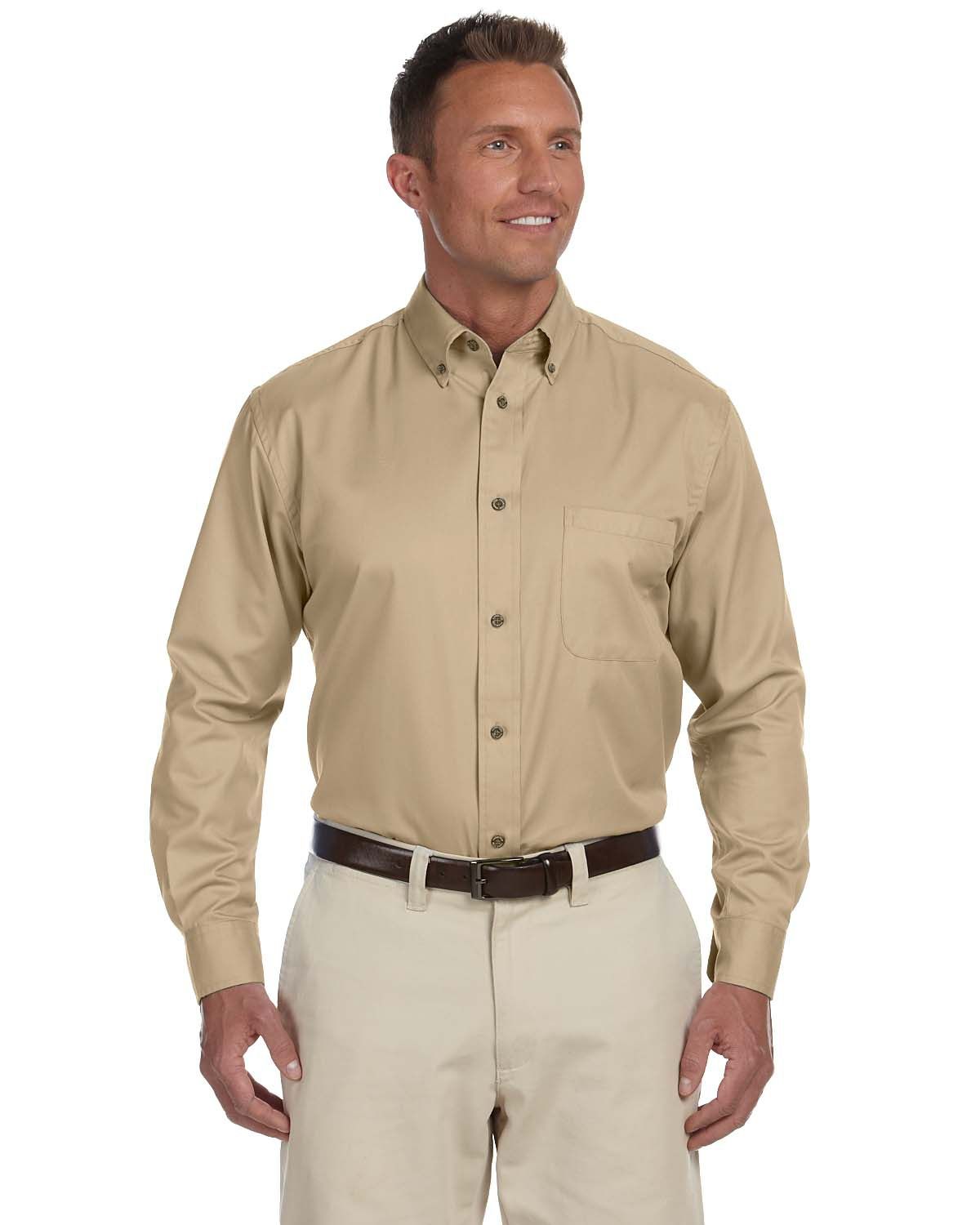 Harriton Men's Easy Blend Long Sleeve Twill Shirt with Stain Release in Stone