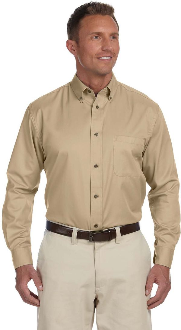 Am image of a Custom Harriton Men's Easy Blend Long Sleeve Twill Shirt with Stain Release in Stone!