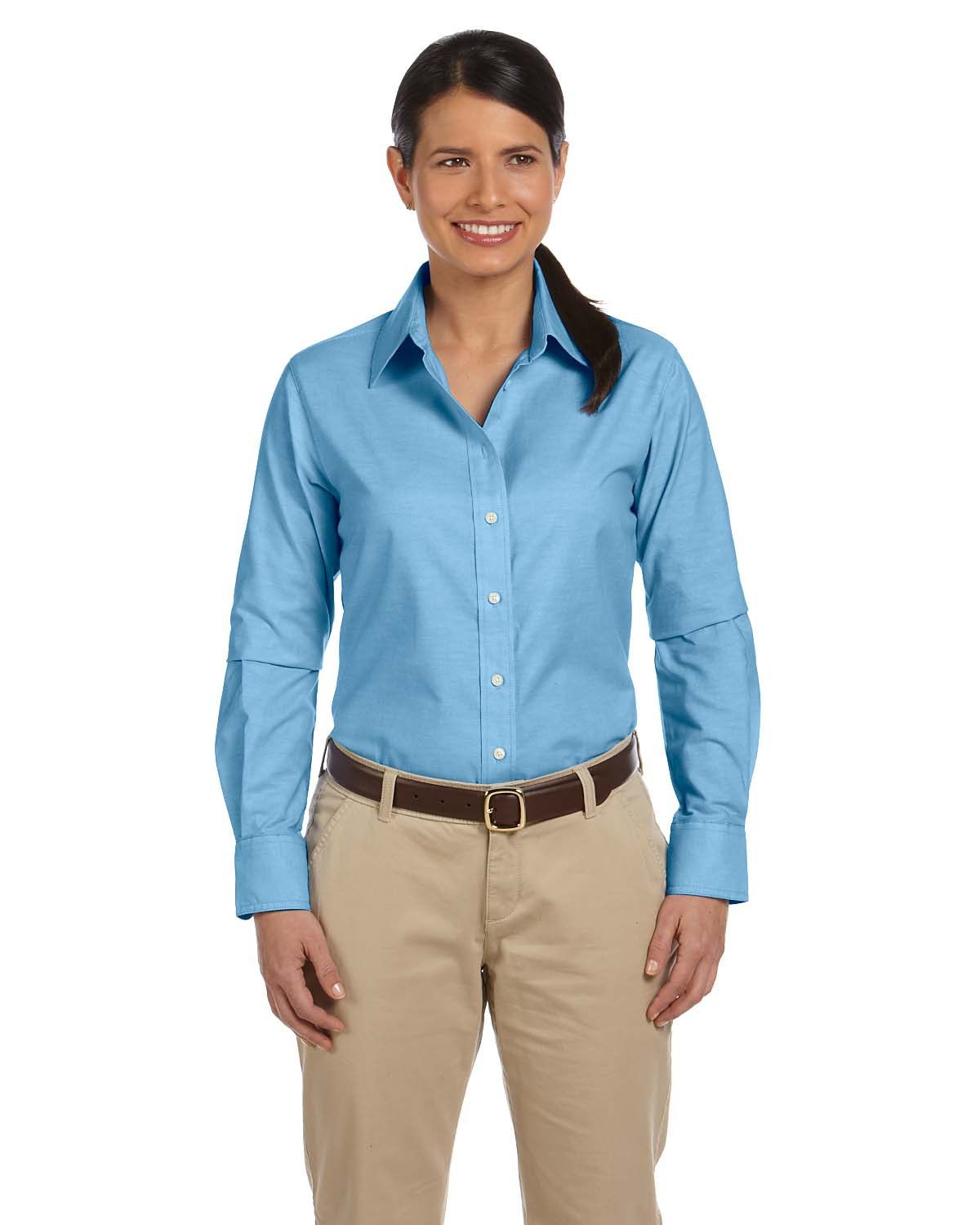 Harriton Ladies' Long Sleeve Oxford with Stain Release in Light Blue