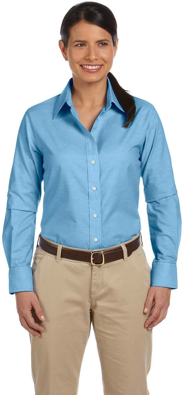 Am image of a Custom Harriton Ladies' Long Sleeve Oxford with Stain Release in Light Blue!