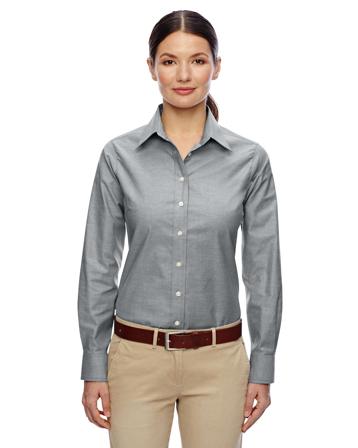 Harriton Ladies' Long Sleeve Oxford with Stain Release in Oxford Grey