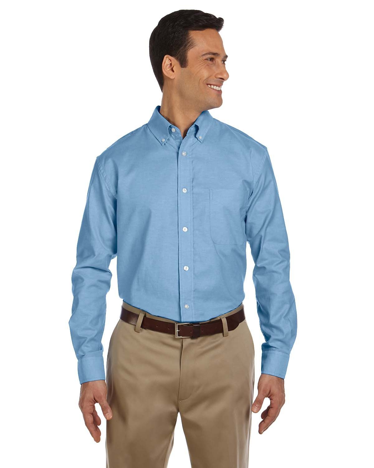 Harriton Men's Long Sleeve Oxford with Stain Release in Light Blue