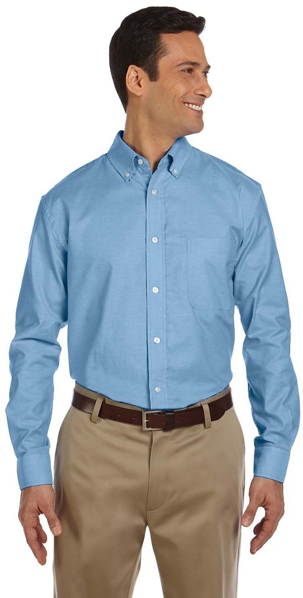 Am image of a Custom Harriton Men's Long Sleeve Oxford with Stain Release in Light Blue!