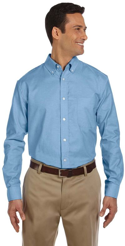 Am image of a Custom Harriton Men's Long Sleeve Oxford with Stain Release in Light Blue!