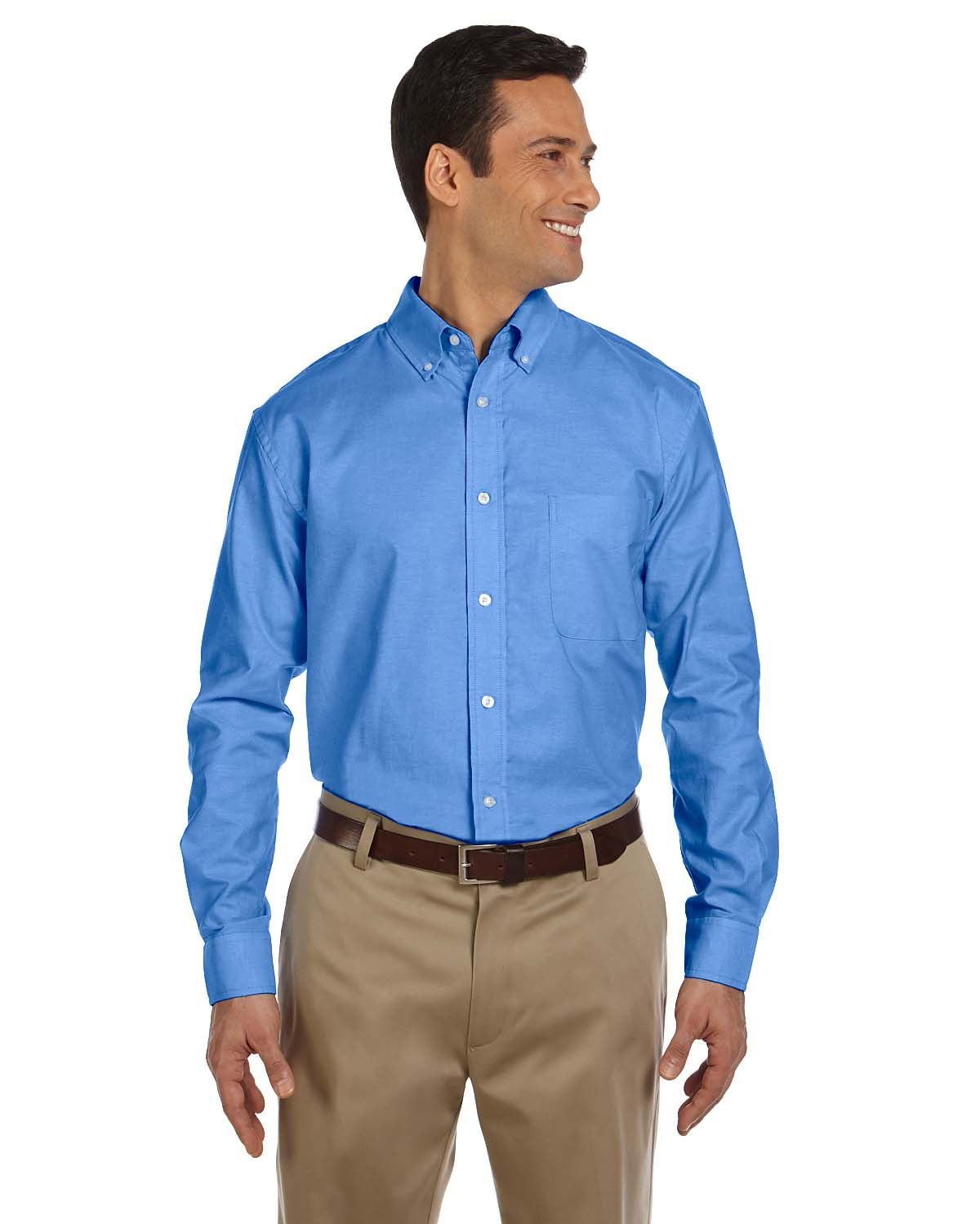 Harriton Men's Long Sleeve Oxford with Stain Release in French Blue