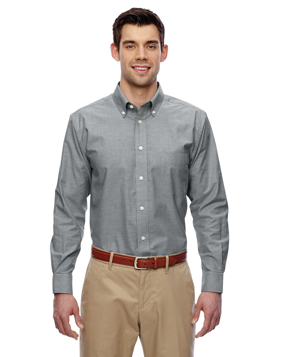 Harriton Men's Long Sleeve Oxford with Stain Release in Oxford Grey