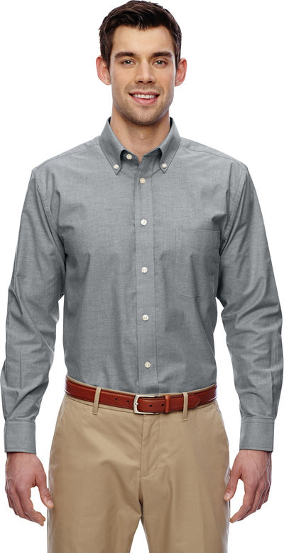 Am image of a Custom Harriton Men's Long Sleeve Oxford with Stain Release in Oxford Grey!